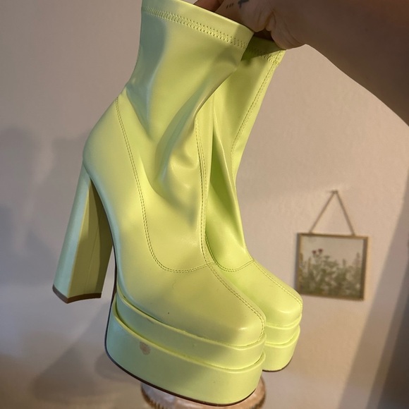 AZALEA WANG — Bold Neon Lime Platform Boots • High Block Heel, Retro 70’s Vibes - Picture 5 of 13